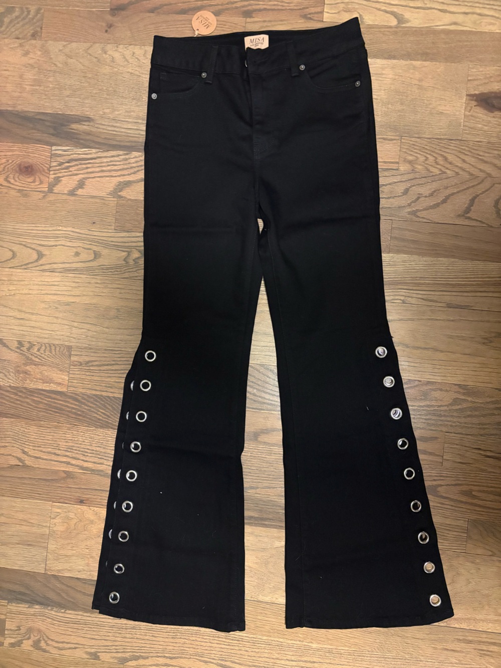 Misa Los Angeles Black Flared Pants with Silver Grommet Detail